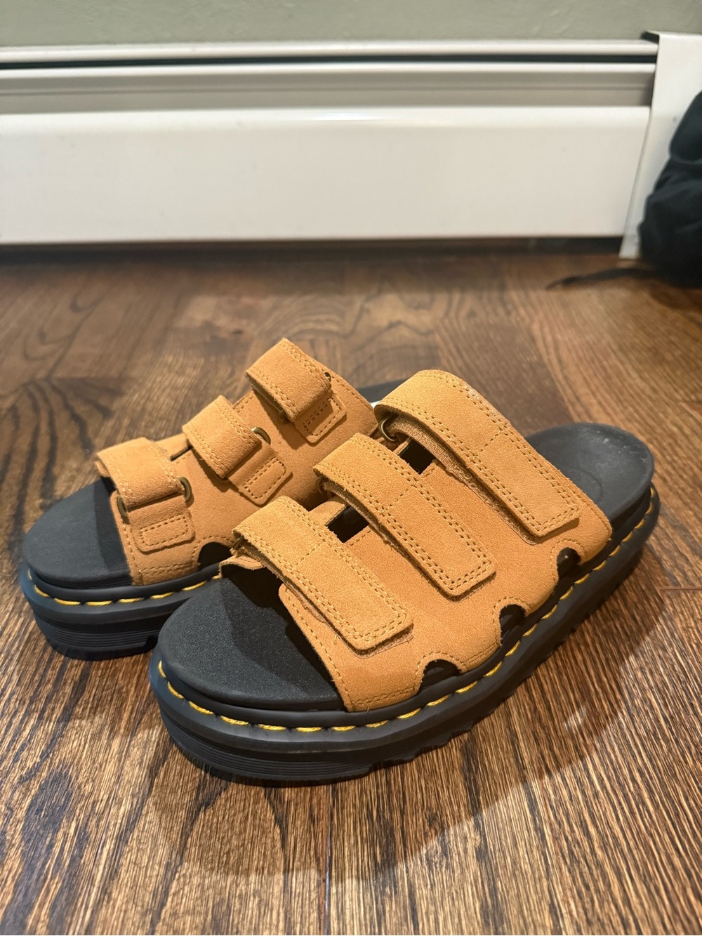 Dr. Martens Tan Suede Triple-Strap Slide Sandals